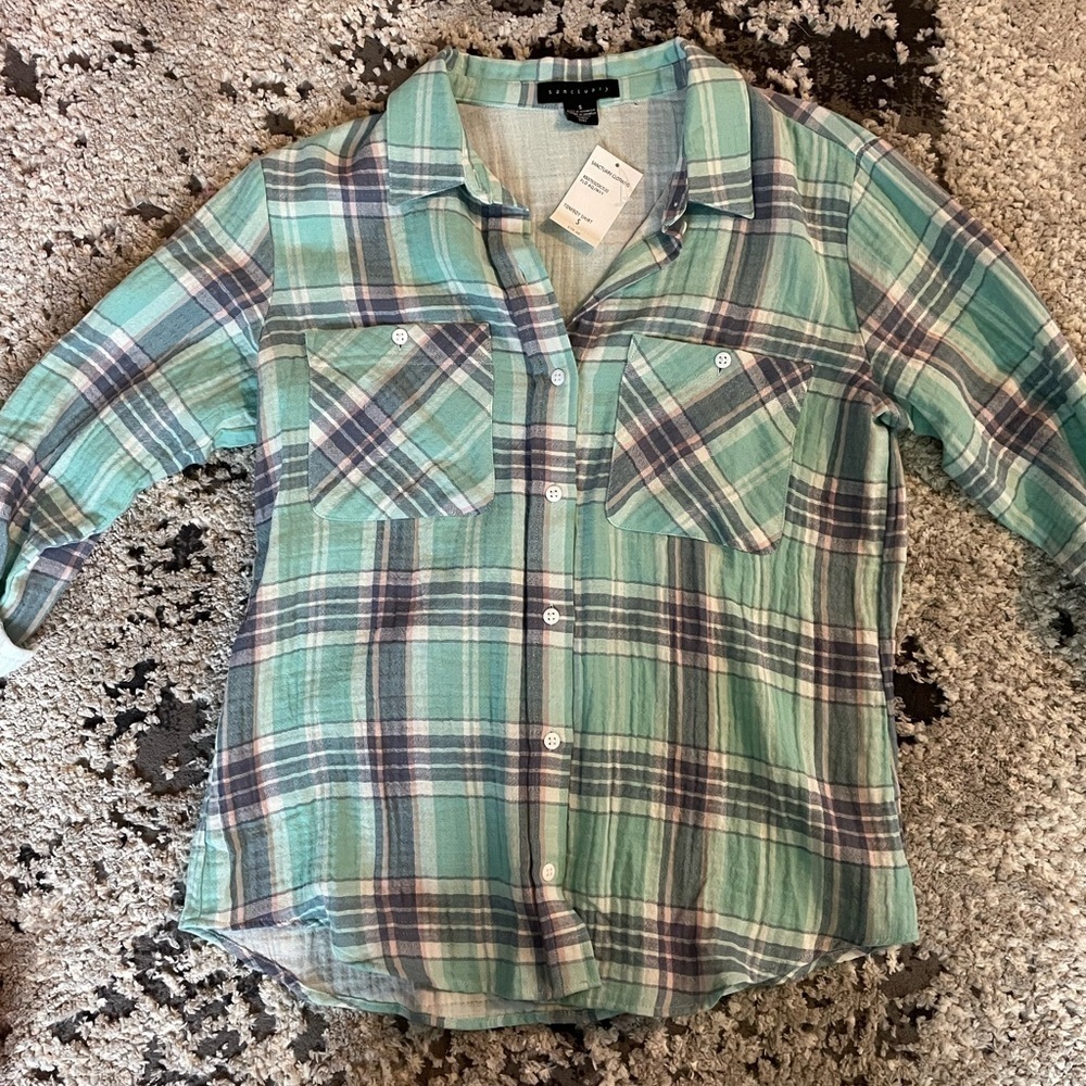 NWT Sanctuary Women’s Tomboy Shirt Plaid Aqua and Navy